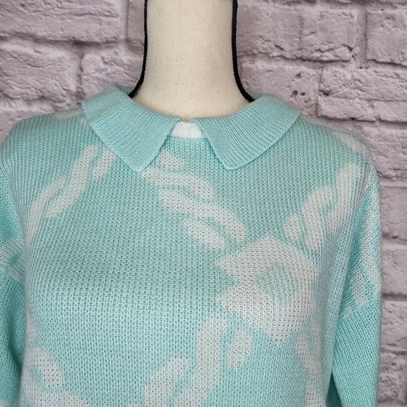 Domani Vintage Sweater Aqua White Grannycore Kawaii Collared Braid Pattern - Picture 4 of 8